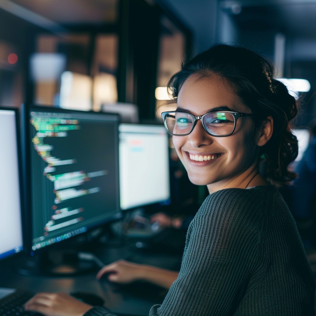 Curso de Programação Python - programadora sorrindo olhando para câmera